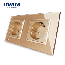 El panel de vidrio de cristal Livolo Gold de la UE toma de corriente doble estándar de 16A con toma de corriente VL-C7C2EU-13